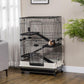 Black wire small animal cage with stacked ramps and double doors, on wheeled base
