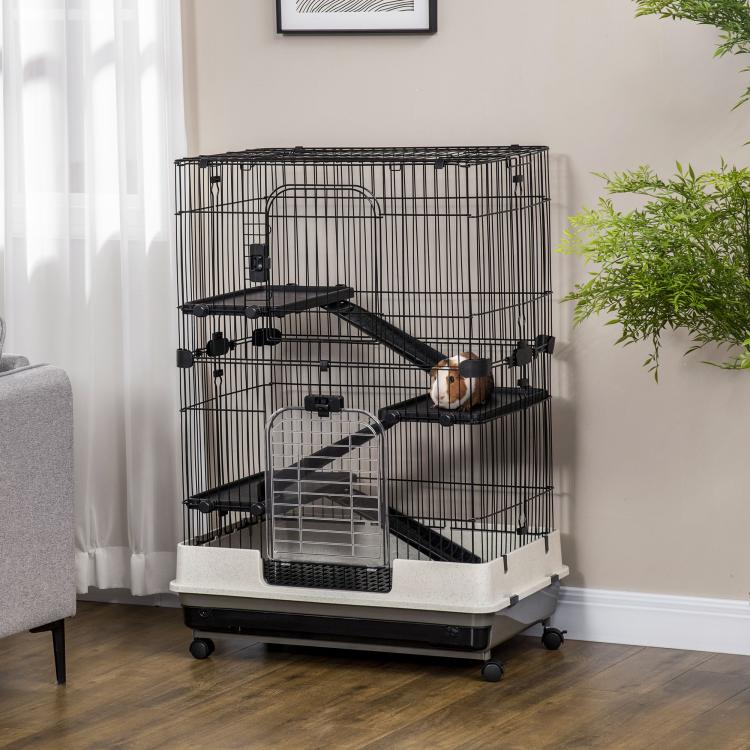 Black wire small animal cage with stacked ramps and double doors, on wheeled base