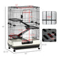 32-inch black small animal cage with 4 levels, ramps, and slide-out tray; size diagram