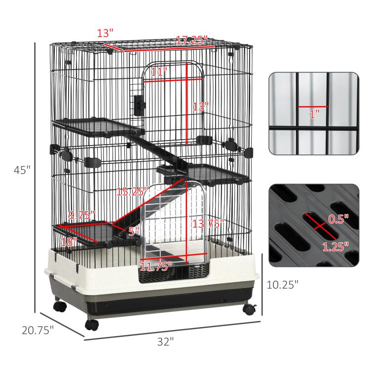 32-inch black small animal cage with 4 levels, ramps, and slide-out tray; size diagram