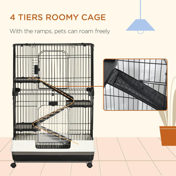 Black 4-tier roomy wire cage with ramps and side access panel, on wheels