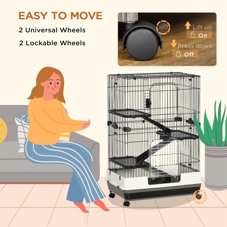 Wheeled black wire small animal cage with lockable caster wheels and tiered ramps