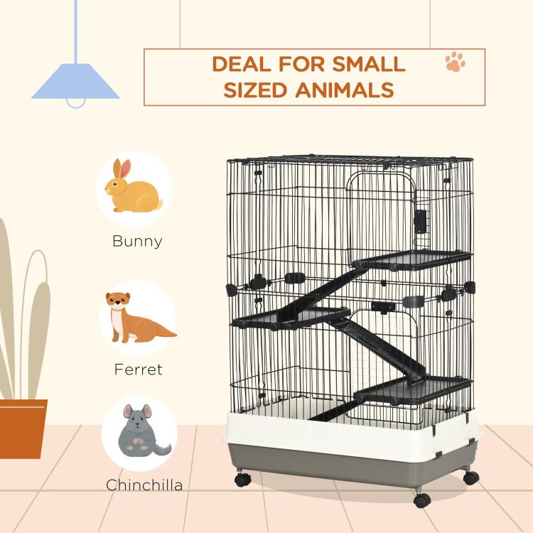 Black wire small animal cage hutch with 4 levels, ramps, and front door opening