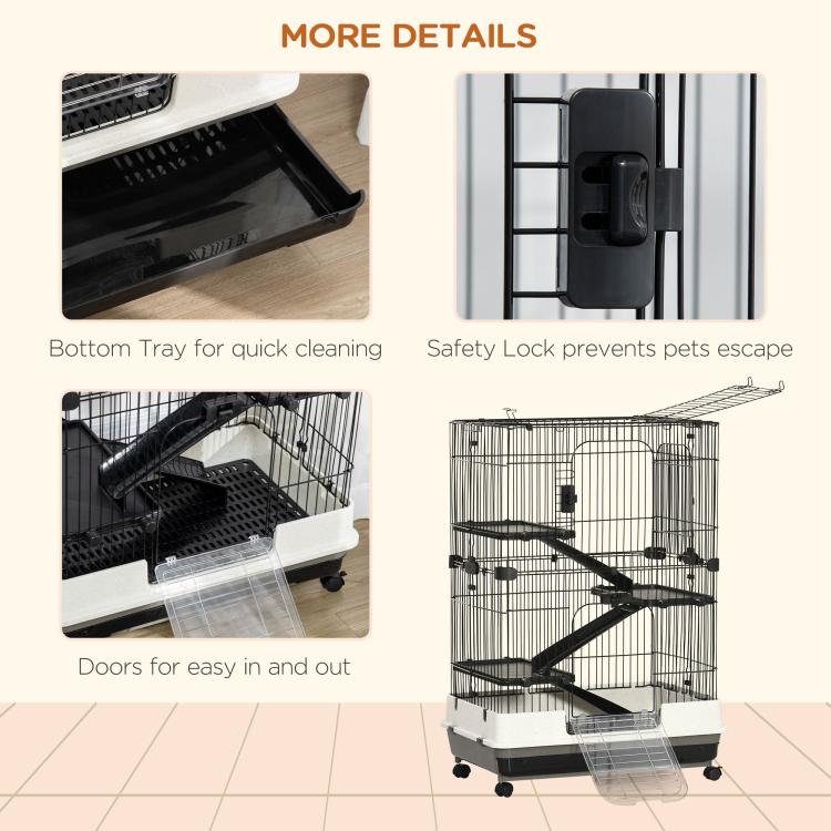 Small animal cage with bottom pull tray, safety latch, and tiered ramps; detail view