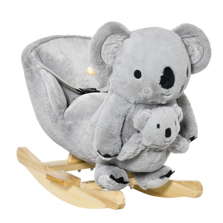 Gray plush koala rocking horse with wooden rockers and stuffed doll front