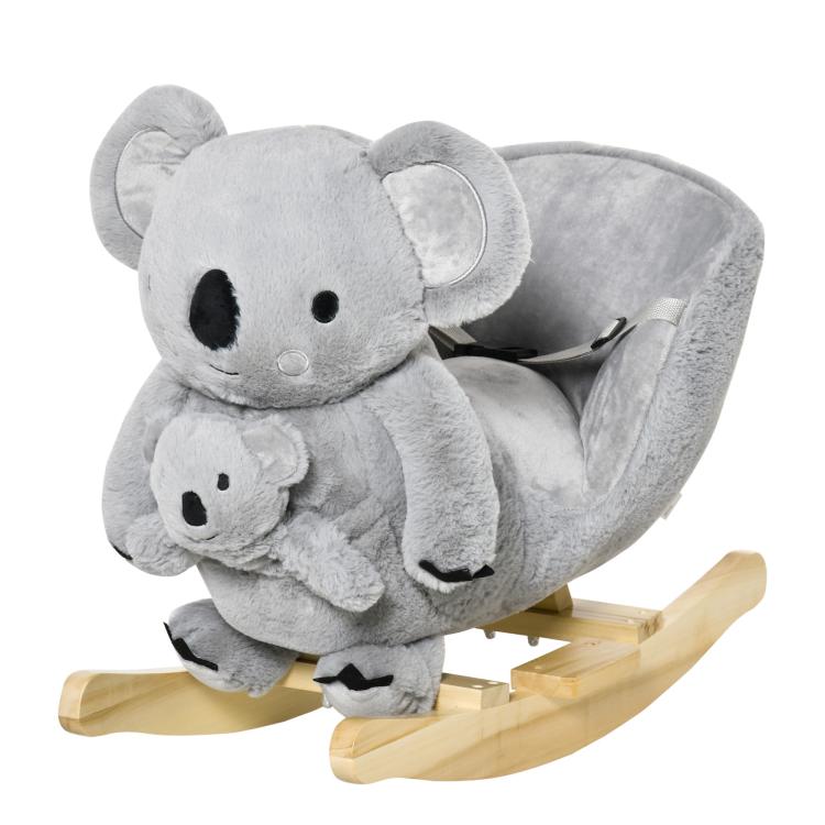 Gray koala-shaped rocking horse with plush body and wooden rocking base