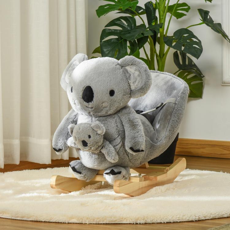 Gray plush koala rocking horse with koala doll detail on the wooden base