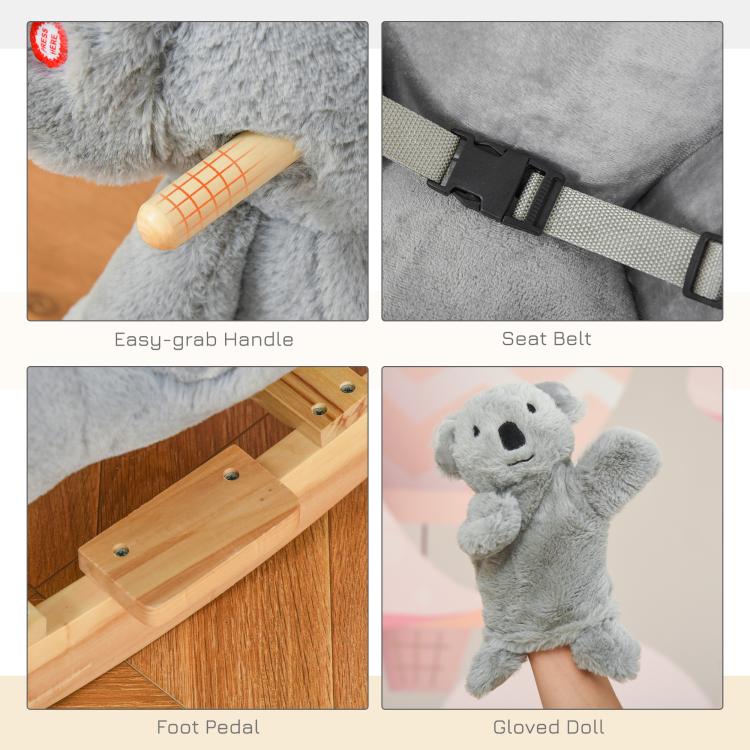 Gray koala rocking horse details: easy-grab handle, seat belt, and foot pedal