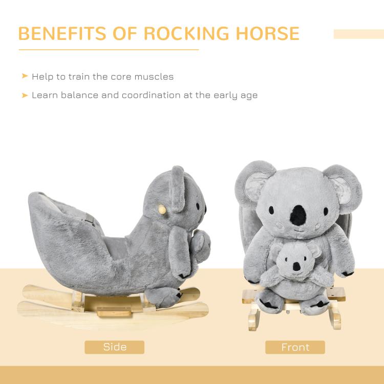 Gray koala rocking horse front and side views with wooden rocker base
