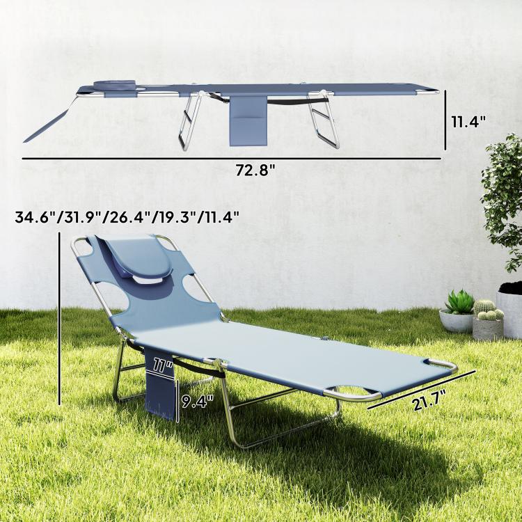 Single dark blue adjustable chaise lounge with face opening, padded headrest, folding steel frame