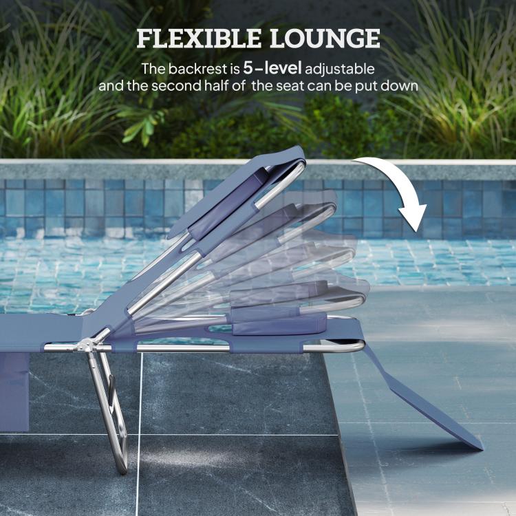 Adjustable outdoor chaise lounge showing reclining back positions, dark blue cushion, steel frame