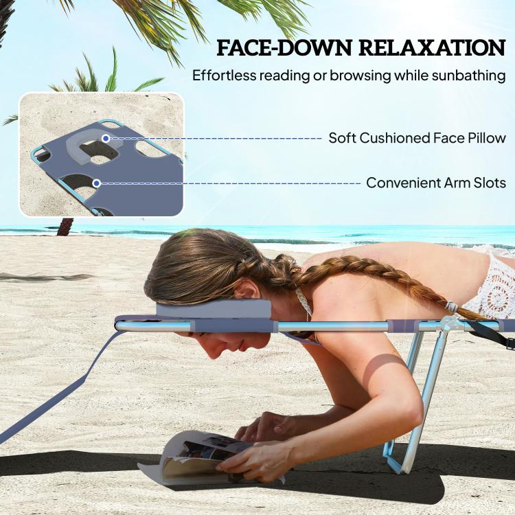 Outdoor chaise lounge for face-down relaxation with dark blue face opening and padded head pillow