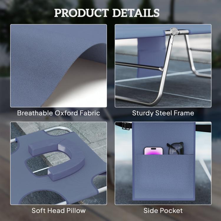 Product detail view of dark blue breathable fabric cushion and sturdy steel frame for chaise lounge