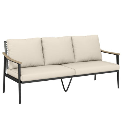 3-seater outdoor patio sofa with khaki cushions, wicker backrest, and dark metal frame