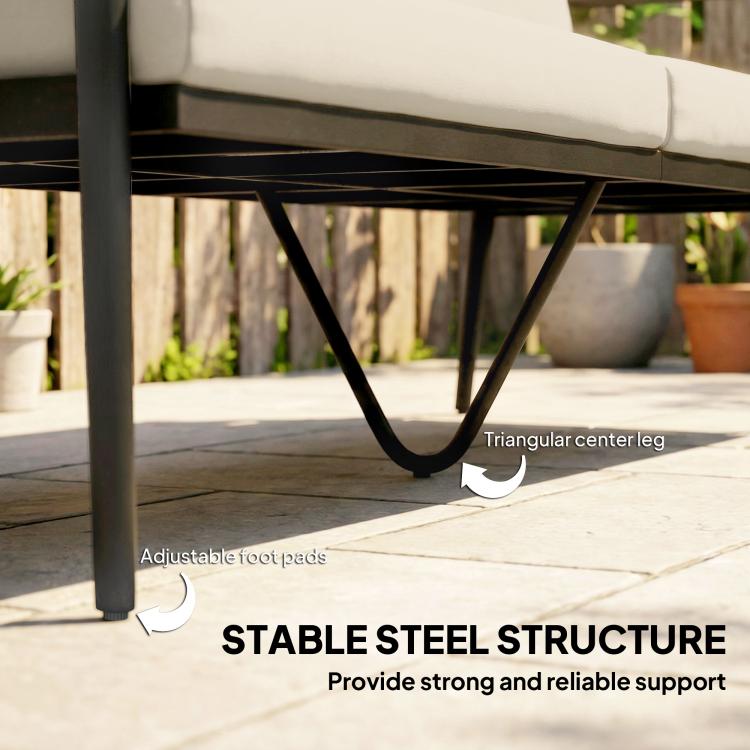 Underside of dark steel legs on khaki outdoor sofa with triangular center support