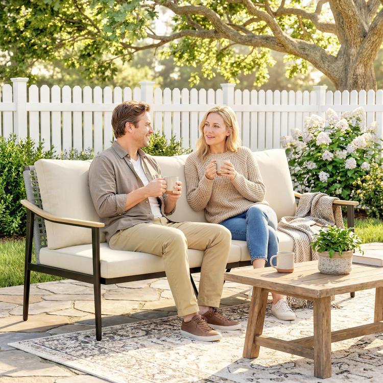 3-seater outdoor patio sofa in khaki with wicker backrest, wood-effect arms, and dark frame