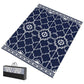 Reversible outdoor rug laid flat, dark blue with white geometric pattern and trim