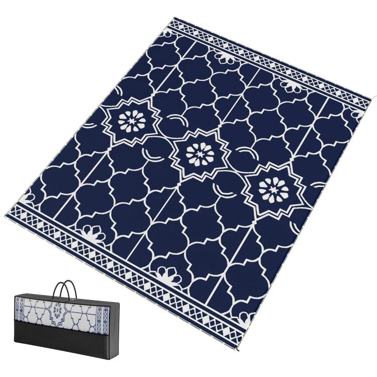 Reversible outdoor rug laid flat, dark blue with white geometric pattern and trim