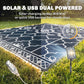 Outdoor rug on grass with illuminated LED border and white geometric lattice pattern