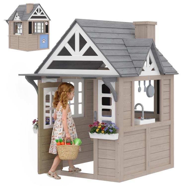 Wooden kids playhouse with gray roof, side doorway, window panels, and flower box planters