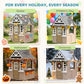 Wooden kids outdoor playhouse with front door, windows, and peaked grey roof