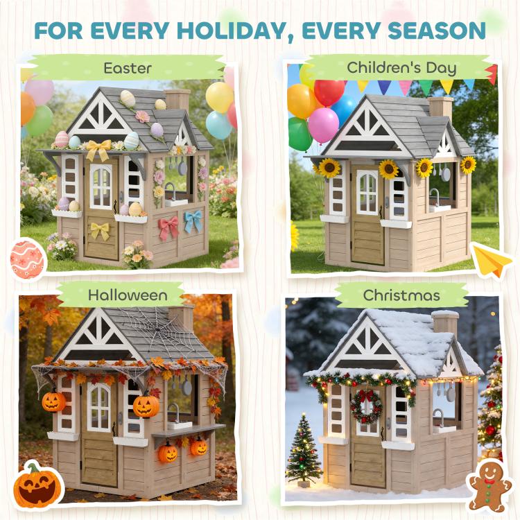 Wooden kids outdoor playhouse with front door, windows, and peaked grey roof