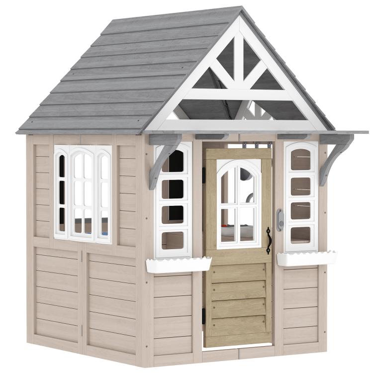 Light wood outdoor playhouse with grey shingled roof, arched windows, and front door
