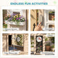 Playhouse accessory features: flower boxes, doorbell, play stove set, chalkboards