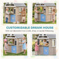 Kids wooden playhouse shown in different decorated looks with paw-door panel