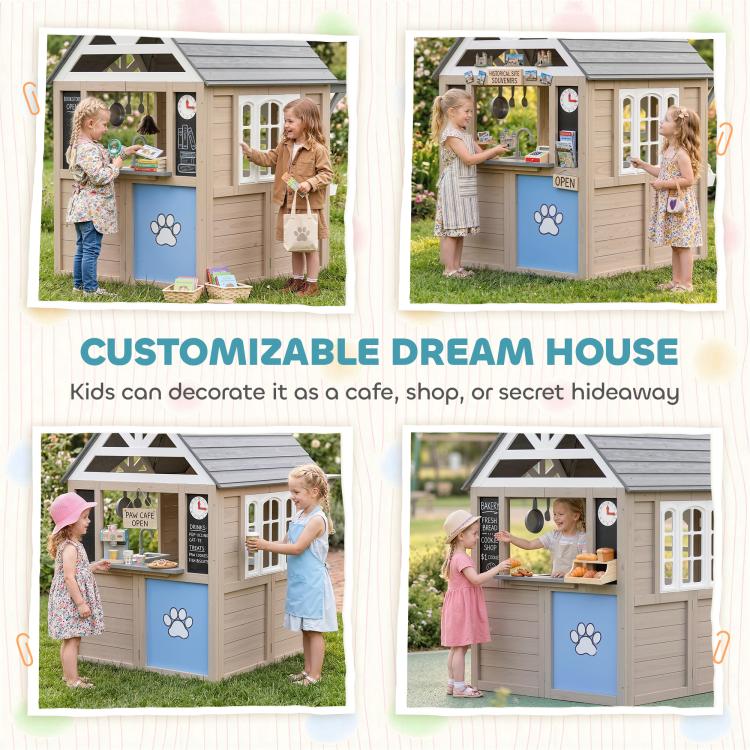 Kids wooden playhouse shown in different decorated looks with paw-door panel