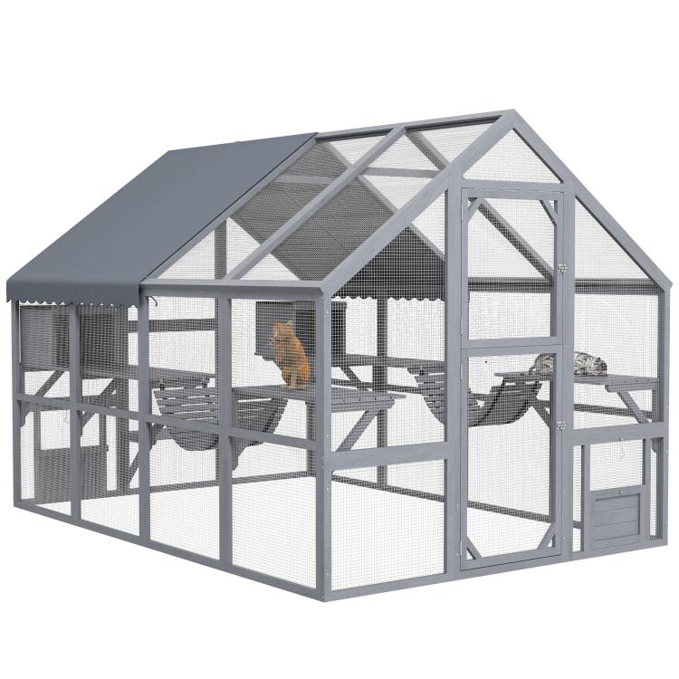 Gray wooden cat enclosure with waterproof cover, mesh walls, doors, platforms and bridges