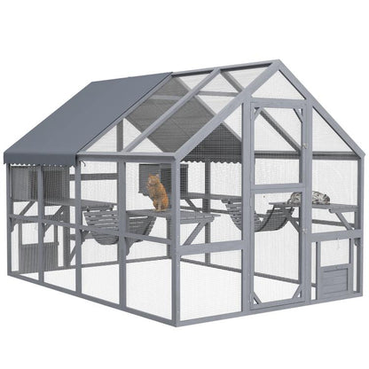 Gray wooden cat enclosure with waterproof cover, mesh walls, doors, platforms and bridges