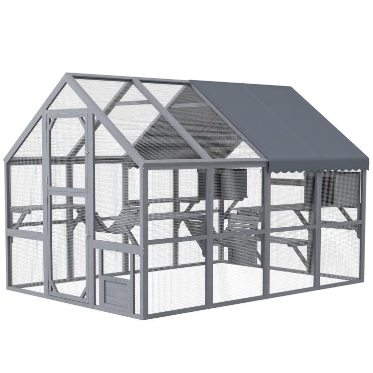 Gray cat enclosure with waterproof roof, mesh panels, multiple platforms, and enclosed condos