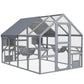 Gray outdoor cat enclosure with waterproof-style cover, mesh walls, and multiple platforms