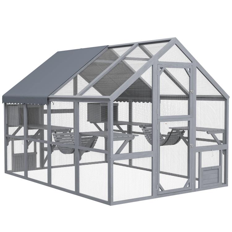 Gray outdoor cat enclosure with waterproof-style cover, mesh walls, and multiple platforms