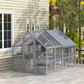 Gray outdoor cat enclosure with waterproof roof, mesh walls, and multi-level platform space
