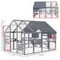 Cat enclosure dimension diagram with gray frame, waterproof roof, mesh sides, and door sections