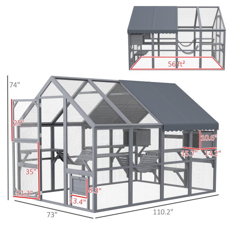 Cat enclosure dimension diagram with gray frame, waterproof roof, mesh sides, and door sections