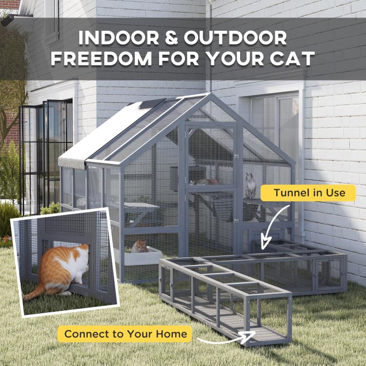 Gray cat enclosure with waterproof cover, mesh walls, tunnel access, and stacked platform areas