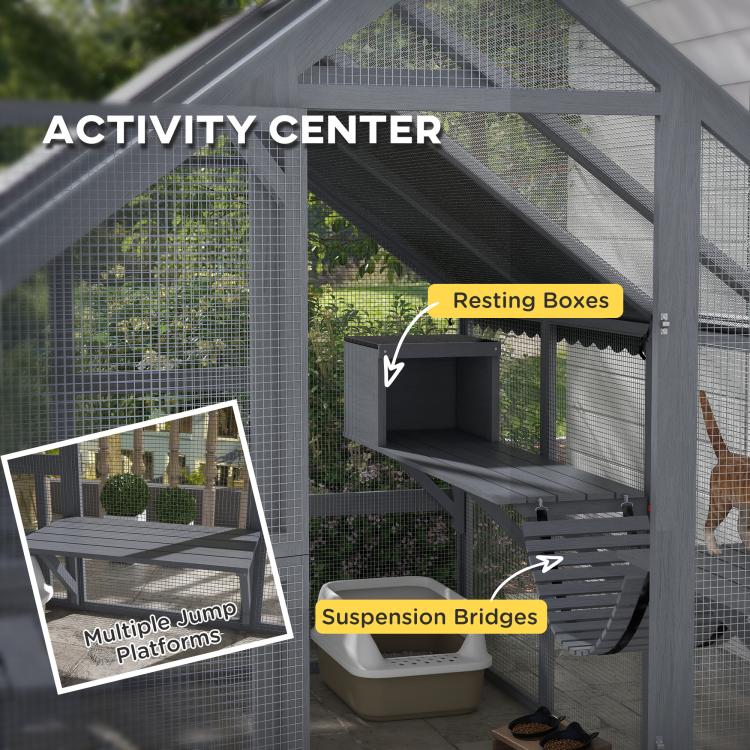 Indoor-style cat enclosure activity center with mesh walls, resting box, and suspension bridges