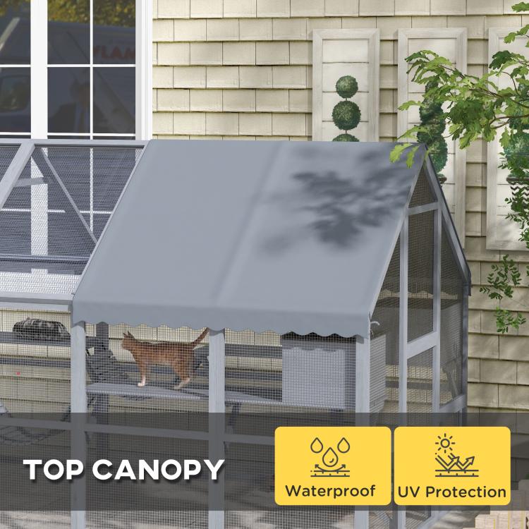 Gray cat enclosure top canopy with waterproof roof and mesh walls around the enclosure