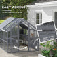 Gray outdoor cat enclosure with easy-access doors, mesh panels, and multi-level platform structure