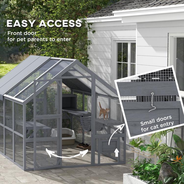 Gray outdoor cat enclosure with easy-access doors, mesh panels, and multi-level platform structure
