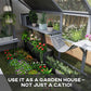 Gray cat enclosure with mesh walls, platforms, and connected lounging areas in a garden setting