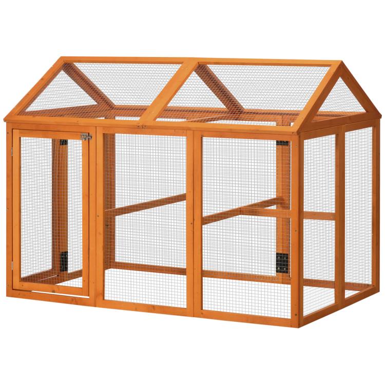 Orange wooden chicken run with wire mesh sides and interior wooden perch bars