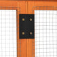 Orange wooden chicken run panel with black access door and wire mesh