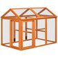 Orange wooden chicken run with wire mesh enclosure and perches