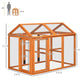 Orange wooden chicken run with interior perch bars and labeled size measurements