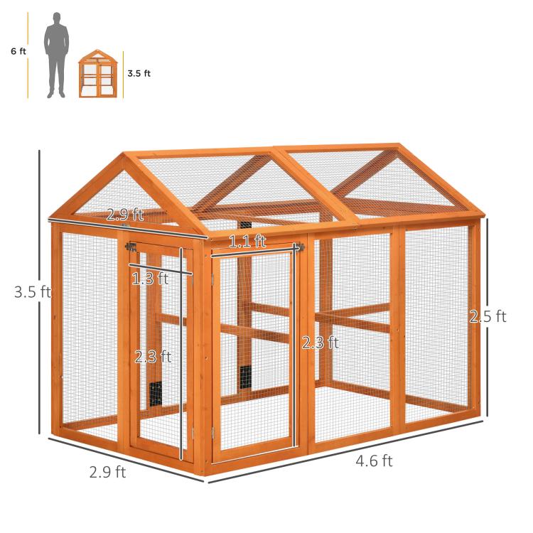 Orange wooden chicken run with interior perch bars and labeled size measurements