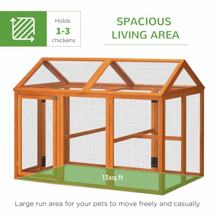 Orange wooden chicken run with spacious wire mesh sides and flat base platform